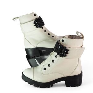 Karl Lagerfeld Pippa Jeweled Strap Pebbled‎ Leather Lug Boots "Bone" Women's 6.5